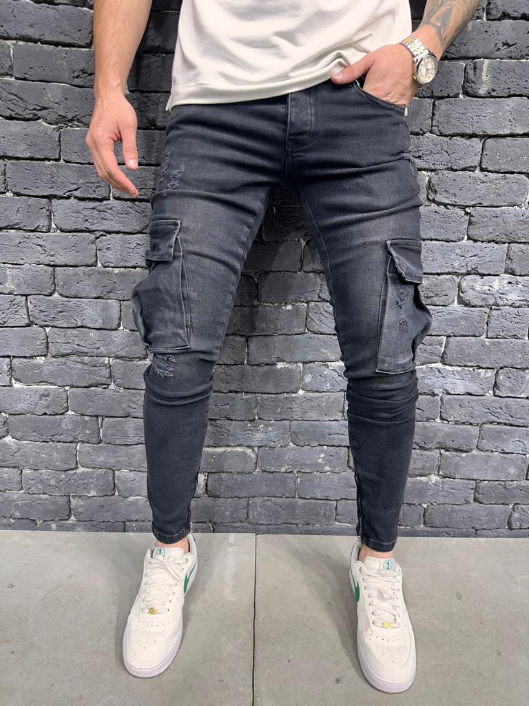 JEANS CARGO GREY NOIR B8869